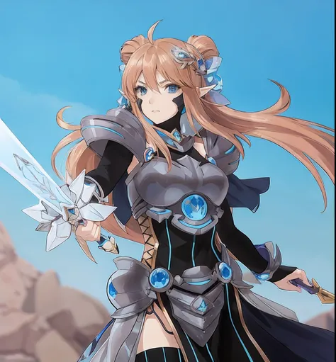 Chica anime con cabello largo y espada en un vestido azul, Chica armadura, 2. 5 d cgi anime fantasy artwork, high definition anime art, Estilo Shadowverse, anime fantasy artwork, Diosa del anime, Chica con armadura de caballero, female action anime girl, V...