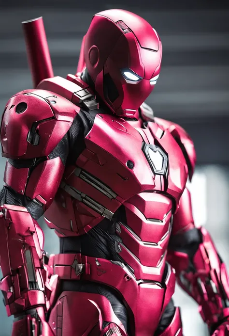 a close up of deadpool in a pink suit with a sword, wearing red and gold hero suit, high detail iconic character, mkbhd as iron man, 3 d render character art 8 k, superior iron man, battle damaged iron man suit, portrait of iron man, portrait of deadpool, ...