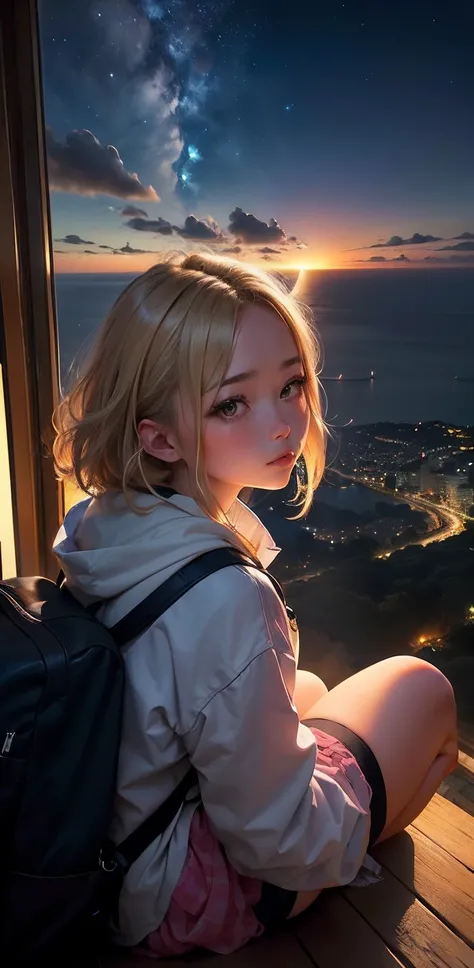 realisitic，At night, You can see a large Kaminari in the distant sky、You can see the sea below、Beautiful scenery，A girl is watching from a hill in the distance