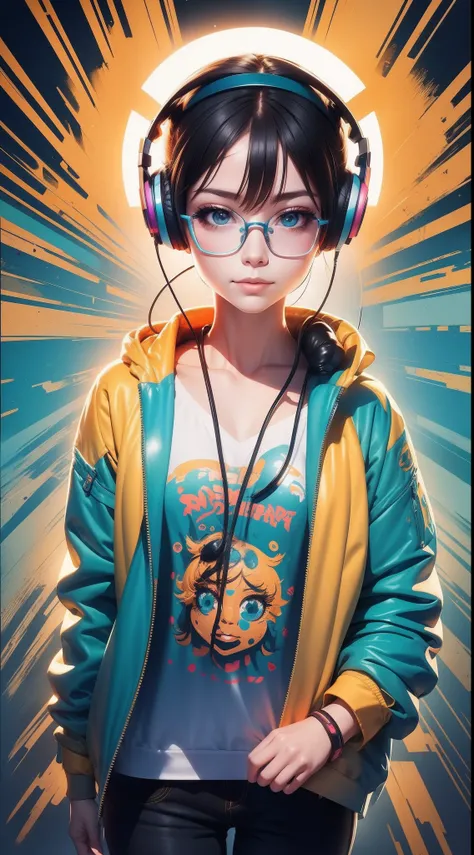 vectorial art, color graffiti illustration, girl listening to music wearing headphones,lunette de soleil。 are in the center, bri...