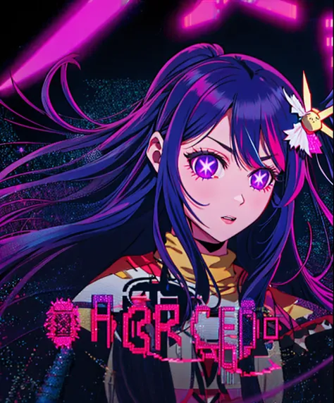 "  featuring a badass Hoshino Ai, long hair, purple hair, streaked hair ,purple eyes, star-shaped pupils, hair ornament,  posing for a dark hologrpahic  neon graffiti  boom bap music video. DealWithIt"