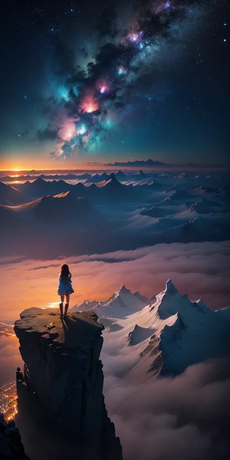 realisitic，Sea of clouds from the summit at night、Beautiful scenery，milkyway、Girl watching from distant mountain top，You can see the lights of the city on the ground in the distance