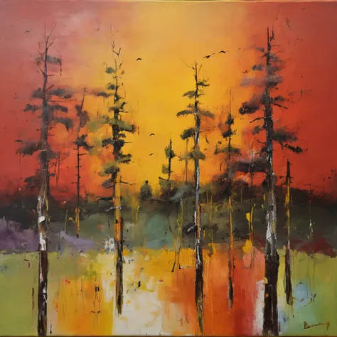 pine forest, heating, 
birds, sunset, yellow, red,