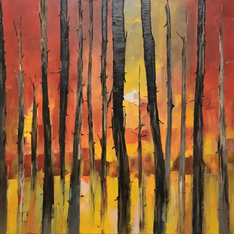 pine forest, heating, 
birds, sunset, yellow, red,