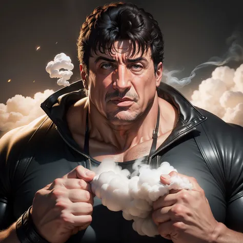 Fat Sylvester Stallone Picking his nose, blowing smoke out his face, nose, ears, concept art, 4k