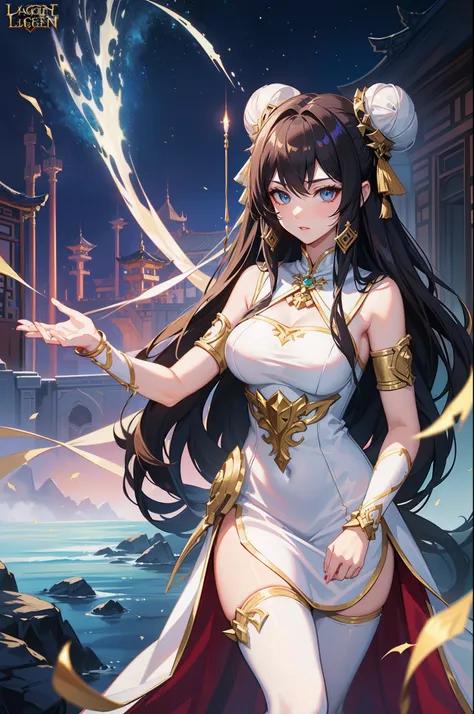 (league of legend female character, hyper league of legend art style), female angel goddess, ((high quality silk chiense dresses, chinese style hairpin, mink scraf, golden necklace, silk armlet, ribbon, white silk leggings, collar)), (black twin bun hair s...