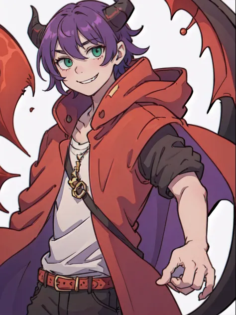 Boy with purple hair、Green eyes、demonic horns、((Deformed))、A smile、red cloak、Composition that reflects the whole body、No background