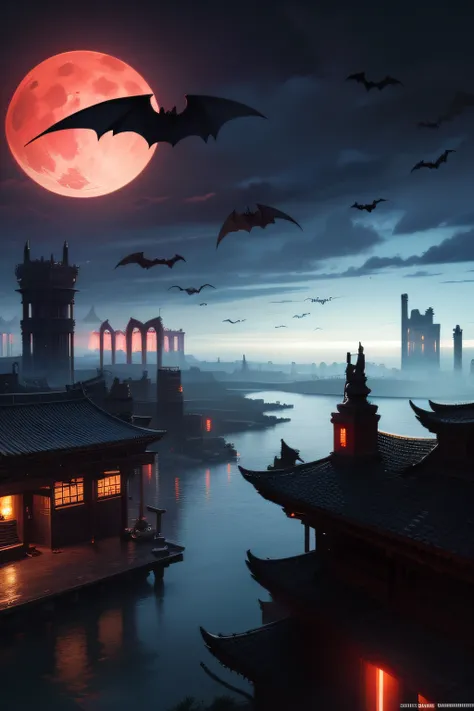 Extreme quality, 真实感 ,realism,organism, , Big Red Moon,((Lots of bats)),1 big bat,natta,ruins,Submerged cities,8k,Realistic lightning