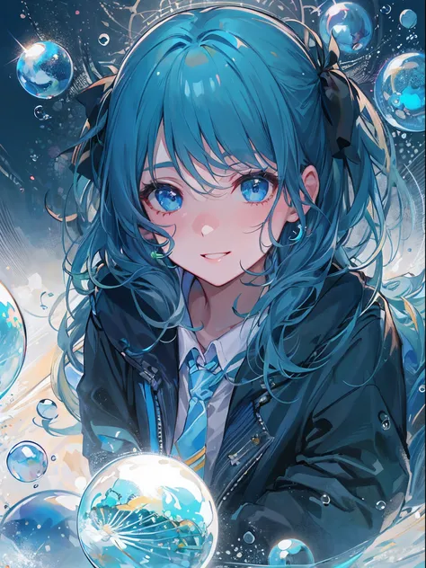 ((top-quality)), ((​masterpiece)), ((ultra-detailliert)), (extremely delicate and beautiful), girl with, 独奏, cold attitude,((Black jacket)),She is very(relax)with  the(Settled down)Looks,A dark-haired, depth of fields,evil smile,Bubble, under the water, Ai...