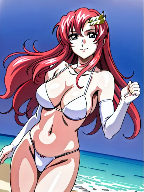 (masutepiece, 4K, Best Quality, Anime style: 1.9, (Solo), High color saturation, ultra  Detailed face, tall, Adult Woman, lovely, contrasty lighting, (detailed beach background), high resolution, Anime, lacus4. (White micro bikini top, micro thong), 1girl ...