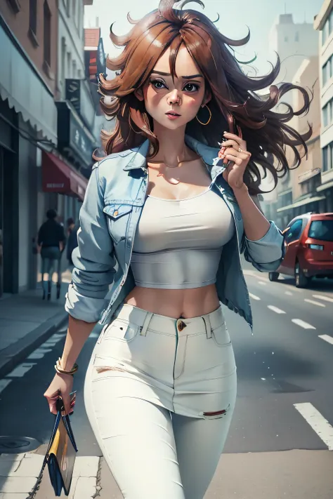 wearing white t-shirt with jeans jacket, slightly ripped denim skirt, city, walking, looking at viewer