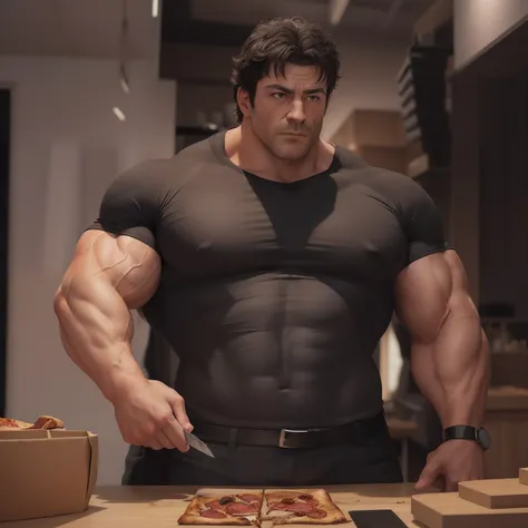 arafed man in a black shirt standing in front of a table with a knife, cutting meat and eating pizza, pizza,  meat, muscular cha...