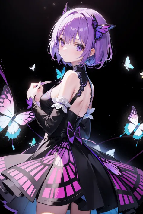 Many purple glowing butterflies are short haired girl avatars on white background