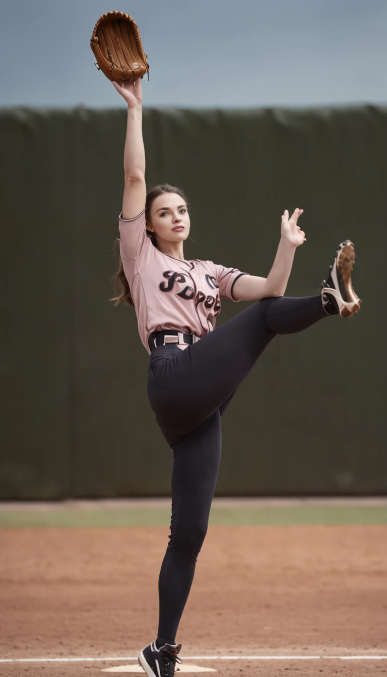 A female baseball player throwing a ball (she is in a ballerina pose with her leg raised high and her foot pointing up)