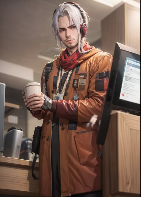 guy holding coffee , front desk