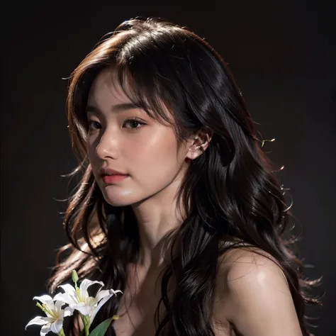 A young Asian woman，Side view，Dark semi-long curly hair，long eyelasher，Natural lip color，Shy，Holding a lily in his hand，Smile and look down at the flowers，Surrealist portraits of women by David Hockney and Alphonse Mucha，Fantasyart，photographrealistic，动态照明...