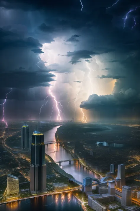 Lightning strikes over cities with rivers and bridges..., Beautiful lightning, Lightning from above, Weather Photography, Storm Lighning, Lightning storm, Epic light from above, Beatifull Bolt, Rear lightning, lighing drama, Amazing lightning, Light and th...