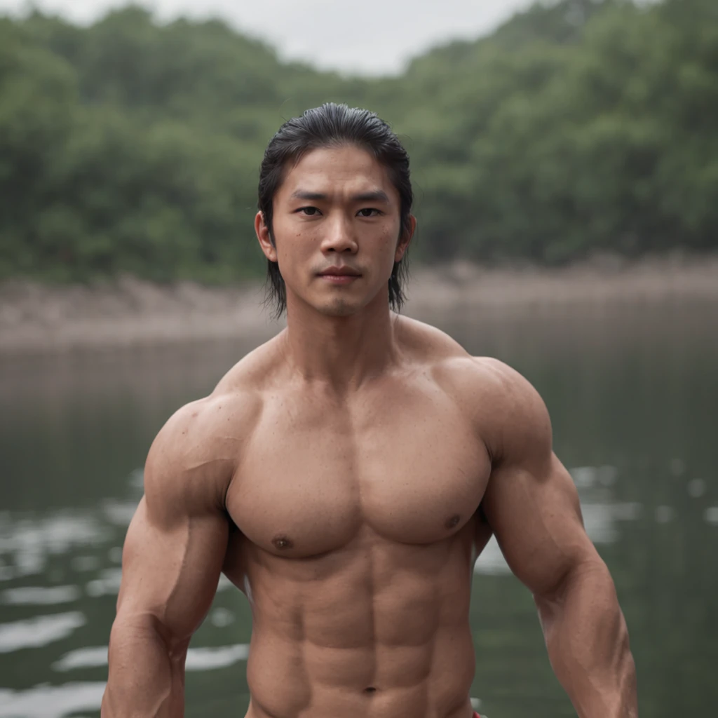 Super muscular cute Asian men wearing red thong in the middle of the lake (Professional 3D rendering:1.3) de (Realistic:1.3) Foto de arte mais bonita do mundo，Features soft, bright male heroes, ((Epic hero fantasy rough muscular man wet hero angry look lon...