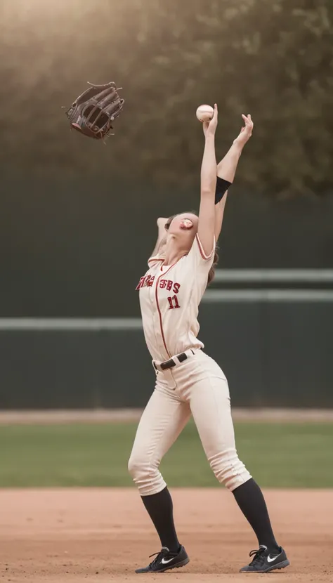 A female baseball player throwing a ball (she is in ballerina pose with her leg raised high and her foot pointing up, foot at head height)