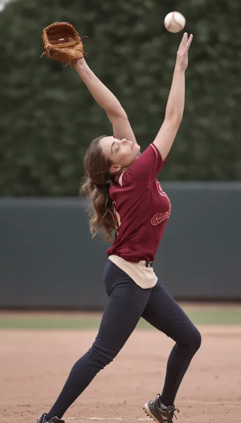 A female baseball player throwing a ball (she is in ballerina pose with her leg raised high and her foot pointing up, foot at head height)