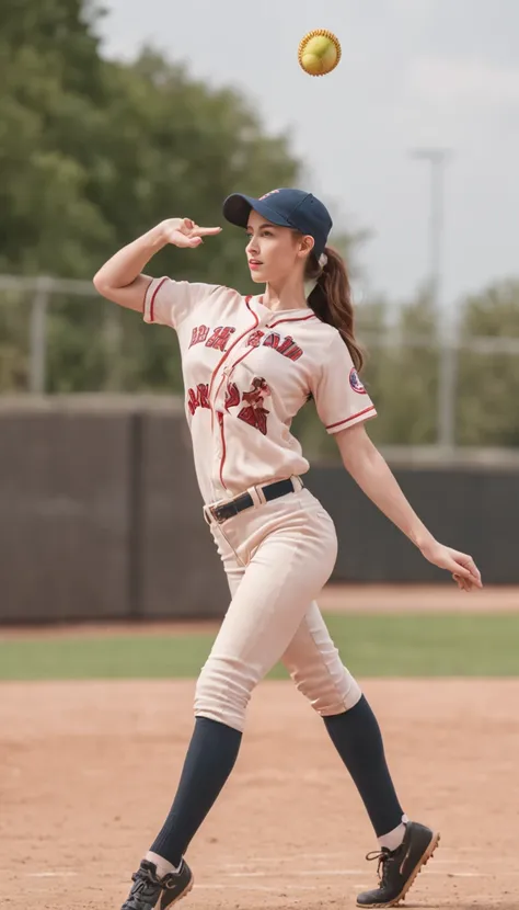 A female baseball player throwing a ball (she is in ballerina pose with her leg raised high and her foot pointing up, foot at head height)