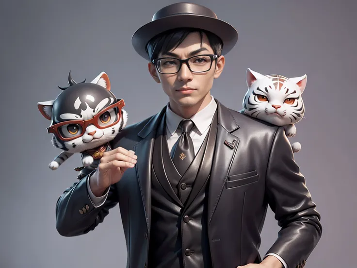 Young man with oriental face in leather hat, tiger, oriental face in formal suit, short black hair, silver glasses, digital painting, 3D character design by Mark Clairedon and Pixar and Hayao Miyazaki and Akira Toriyama, the illustration is a high-definiti...