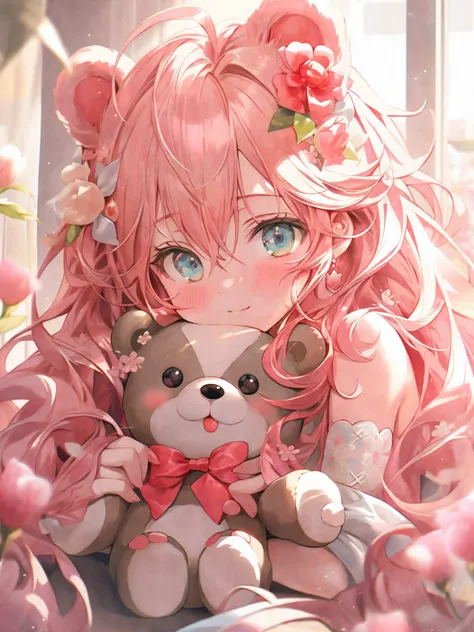 Anime girl holding teddy bear with pink hair and blue eyes, Cute anime girl, Soft anime illustration, cute anime girl portraits, Cute anime, Cute anime girl portrait, Guweiz in Pixiv ArtStation, trending on artstation pixiv, Anime art wallpaper 4 K, Anime ...