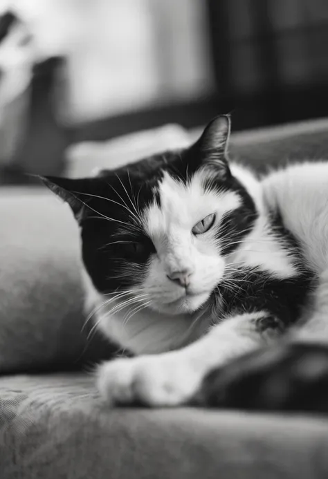 there is a black and white cat laying on a couch, he is very relaxed, black and white cat, taken with sony alpha 9, resting on a tough day, white with black spots, a handsome, very handsome, happy wise. he has bouncy belly, relaxing after a hard day, cute ...