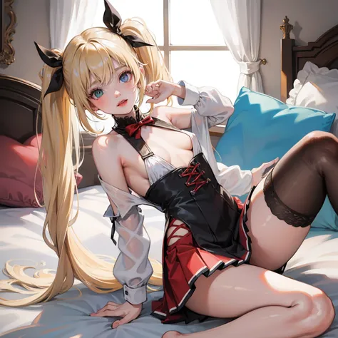 masterpiece,best quality,ultra detailed, 
loli,very short pleated miniskirt,flat chest,twintails,heterochromia,fucked silly,on_back,long hair,parted bangs,hair pulled back,hair intakes,blonde hair,delicate beautiful face,seductive smile,bare shoulder,baref...