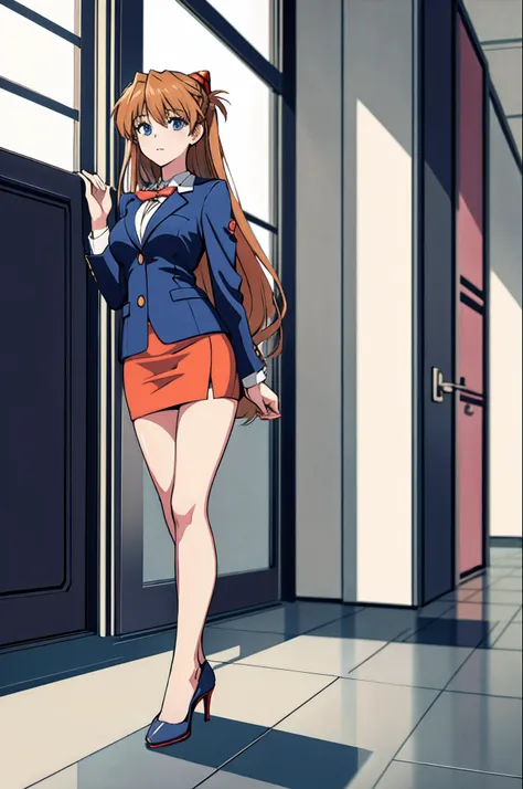 (masterpiece, best quality, detailed), 1girl, solo, indoors, office, cowboy shot,souryuu asuka langley, skirt suit, blazer, pencil skirt, high heels, full body