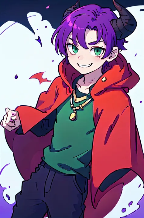 top-quality、((Deformed))、Boy with purple short hair、Green eyes、demonic horns、A smile、red cloak、Composition that reflects the whole body