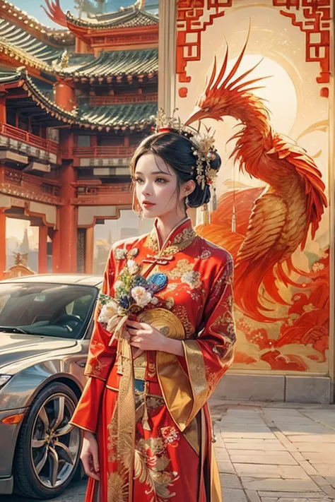 A woman in a red Chinese costume stands next to a supercar,Exquisite phoenix crown,anatomy correct, Delicate pattern，Oriental elements，Ink painting style, Clean colors,Golden space, Soft lighting, ( Bokeh)，Masterpiece, Super detailed, Epic composition, Hig...