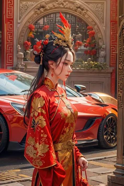 A woman in a red Chinese costume stands next to a supercar,Exquisite phoenix crown,anatomy correct, Delicate pattern，Oriental elements，Ink painting style, Clean colors,Golden space, Soft lighting, ( Bokeh)，Masterpiece, Super detailed, Epic composition, Hig...