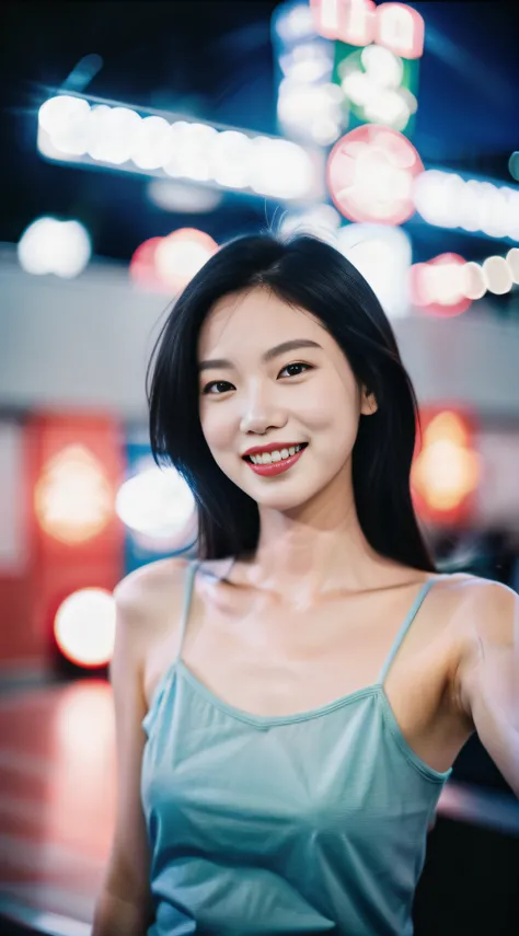 1girl, idol, model, depth of field, photo, film, face, skinny, smile, collarbone,  teeth, movie, camisole, selfie, night,