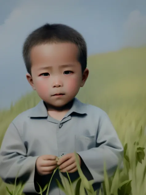 A 4-year-old Chinese boy，He was dressed in gray-blue clothes，Wheat seedling leaves in hand，Stand in the middle of the wheat leaves，The sky behind is clear with a small amount of white clouds，Faces are realistic in high definition，Realistic clothes，The whea...