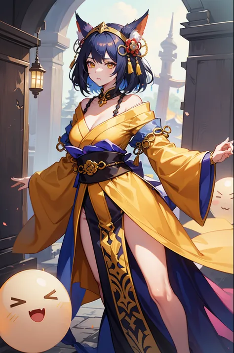 (league of legend female character, hyper league of legend art style), female Onmyoji caster, ((perfect quality Onmyoji outfit, talisman on head, collar, hairpin, japanese style, yellow cloth belt, silk)), ((random hair style, random pupil, random make up,...