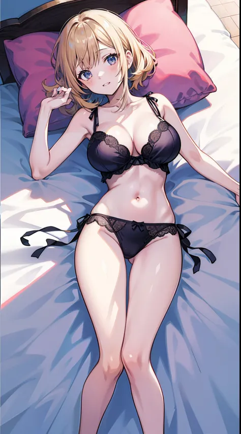 masutepiece、hight resolution、1girl in、in ones underwear only、Cute lingerie、large full breasts、Lying on your back in bed、Cute anime illustration、