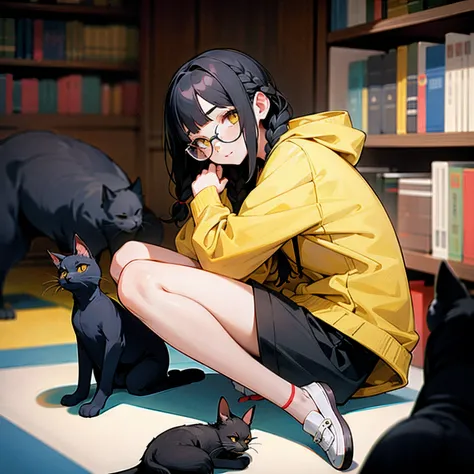 1 girl with black hair, braided hair on both sides, yellow eyes, wearing glasses, wearing a gray-white hoodie and 1 pair of black gym shorts with white stripes, feet wearing loafers, calm face, under eyes there must be a mole, next to the girl is a black c...