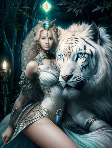 Mulher Arafed em um vestido branco com um tigre branco, gorgeous goddess of leo, Amano e Karol Bak, mulher da fantasia, breathtaking fantasy art, bela arte de fantasia, arte de fantasia muito bonita, legend of the cryptids, beautiful animal pearl queen, ar...