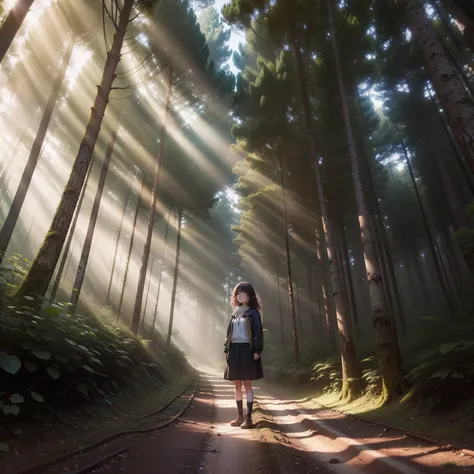 Curly２A girl is standing in a deep forest facing the depths of the forest。　A human-like mass of light stands facing us at the end of a straight road.。　Light is coming through the gaps in the trees