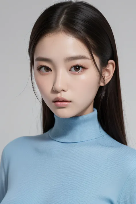 Image of Arafeld of a woman in a blue turtleneck, a pastel inspired by Sim Sa-jeong, Tumblr, Realism, Gorgeous young Korean woman, Beautiful young Korean woman, young cute wan asian face, young lovely Korean faces, beautiful Korean women, Korean girl, wan ...