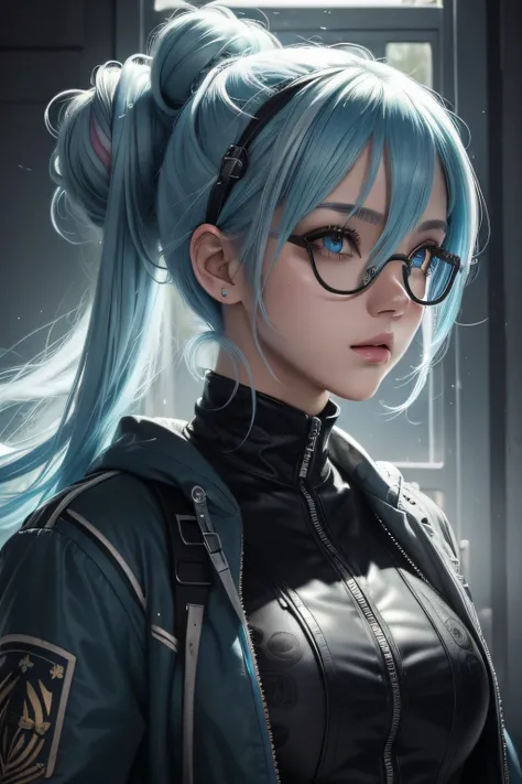 (masterpiece, top quality, best quality, official art, beautiful and aesthetic:1.2), (1girl), extreme detailed,colorful,highest detailed,cute, light blue hair,black goggle, hair bun