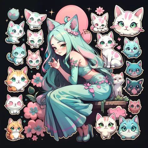 Adhesive,1girll, simple backgound, Girl with long hair, Beautiful cat girl, Cat aesthetics, Beautiful girl, very beautiful fantasy art, Beautiful and elegant female cat, beautiful detailed fantasy, Pink green flavor, Pink and green theme，Girls hair is pink...