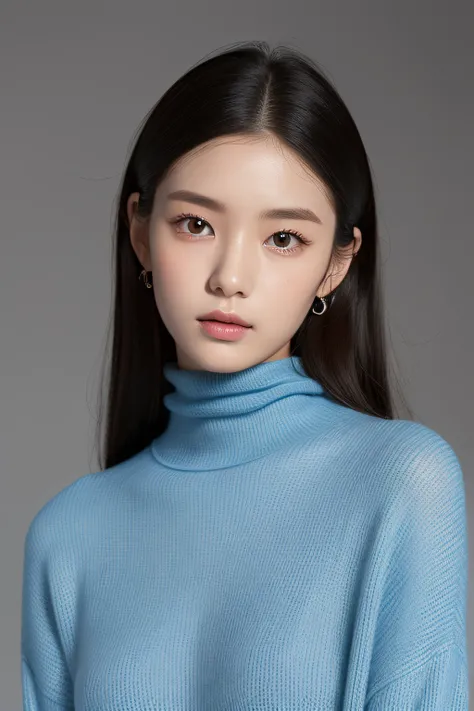 Image of Arafeld of a woman in a blue turtleneck, a pastel inspired by Sim Sa-jeong, Tumblr, Realism, Gorgeous young Korean woman, Beautiful young Korean woman, young cute wan asian face, young lovely Korean faces, beautiful Korean women, Korean girl, wan ...