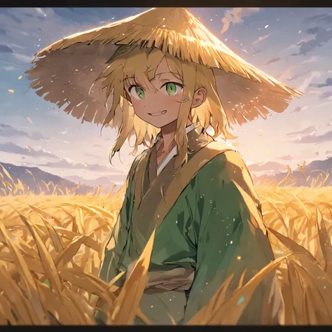 Emerald green peaks in the distance，There is a white mist，From a distance, it was foggy，At the foot of the mountain, there is a golden rice field with a touch of green，Tanned skin，Sweaty grandfather wears a straw hat，In a golden wheat field, Happy holds a ...