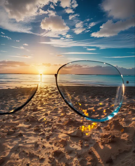 View from glasses, sand seashore, sunshine, view through glasses