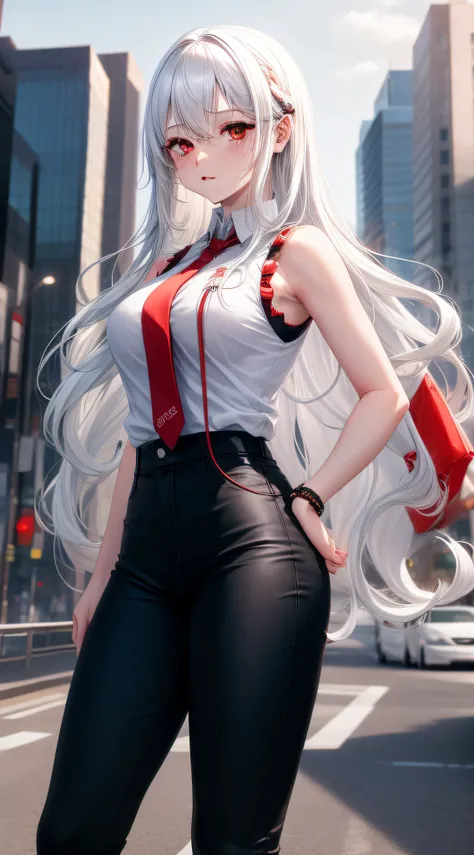 1 girl, long wavy white hair, red eyes, wearing a sleeveless office outfit, tight pants, city, absurd res, high res, ultrasharp, 8K, masterpiece, looking at viewer