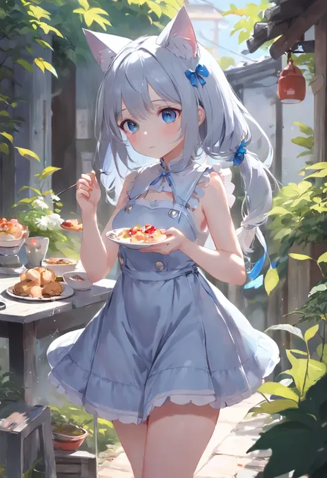 Stand in the garden、Wearing everyday clothes，sleeveless，silber hair，blue eyes、Cat-eared girl, Lori in dress having breakfast, small curvy loli, artwork in the style of guweiz, guweiz on pixiv artstation, guweiz on artstation pixiv, guweiz, small loli girl,...