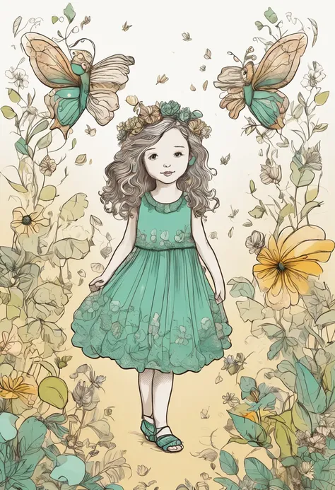 Create an illustration of childrens Lili (personagem infantil com Cabelo castanho cacheado, olhos grandes e curiosos. Veste um vestido azul claro com detalhes dourados) e Fleur (A fairy with translucent wings, cabelo loiro emaranhado com flores, vestindo u...