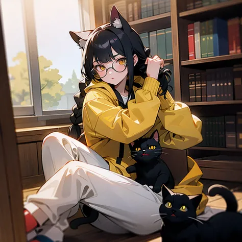 ((high quality)), ((masterpiece)), 8k, 1 girl with black hair, side braids, yellow eyes, glasses, gray and white hoodie and 1 black and white striped ankle-length sweatpants, loafers, ominous face static, under the right eye has a mole, Next to the girl is...